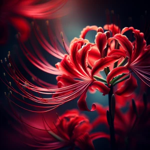 "A close-up view of a vibrant red higanbana flower in full bloom...