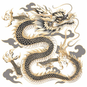 Outlined image of gold eyed Chinese dragon with the main color o...
