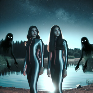 Two girls are standing near the lake at night in a hydro suit an...