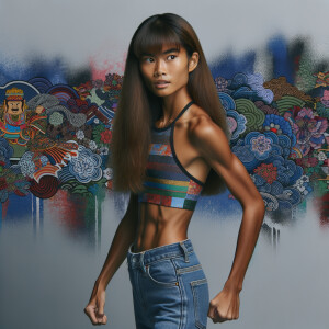 Very thin Athletic Thin skinny Attractive, Asian teenage girl, long brown hair and bangs, wearing tight skinny jeans and a halter top paint marks on her clothing, sitting side view heroic pose Asian graffiti