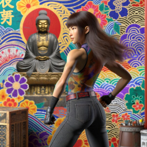 Athletic Thin skinny Attractive, Asian teenage girl, long brown hair and bangs, wearing tight skinny jeans and a halter top paint marks on her clothing, heroic pose Asian graffiti background, backside view