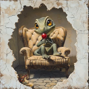 A cute, expressive young,  little dinosaur with a guilty expression, expressive eyes,  is sitting on a vintage oversized quilted reading chair. He has a red lollipop in his hand and is licking it. His tongue shows that he is licking the lollipop. The scene is shown in dark lighting with the light accented on the dinosaur. The scene is shown through a hole in the wall. The floor part of the scene is vintage cobble stones. The hole in the white plaster wall is realistic with some cracks.