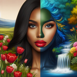 Create a digital artwork showing a half-portrait of a light-skin...
