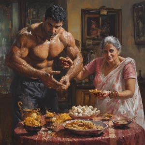 A muscular sweaty indian criminal son in law celebrating diwali...