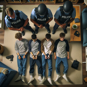 4 caucasian male teens handcuffed, laying flat face down on the...