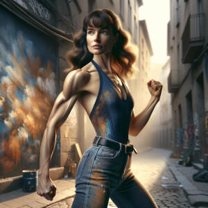 Athletic Thin skinny Attractive, Asian teenage girl, long brown hair and bangs, wearing tight skinny jeans and a halter top paint marks on her clothing, heroic pose Asian graffiti background, backside view