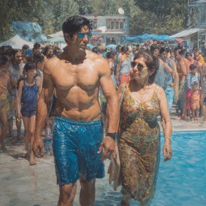 Photo realism, painting,a muscular beefy kashmiri son in law wal...
