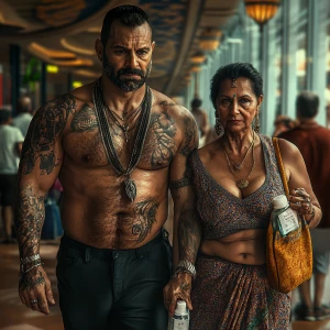 realism-photo fantasy,A sweaty tattoed muscular  man walking wit...