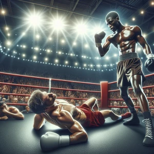 A photo of a boxing match in progress. Mike Tyson is standing ov...