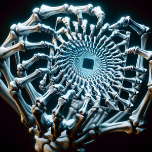 A photorealistic skeleton hand gripping an image showing a recur...