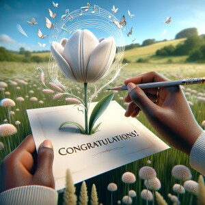 Create a vivid 3D image featuring a card with CONGRATULATIONS!'...