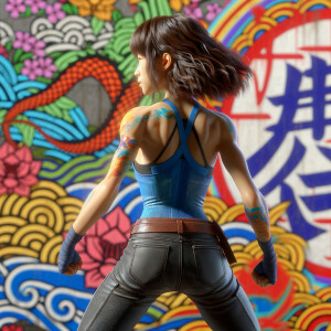 Athletic Thin skinny Attractive, Asian teenage girl, long brown hair and bangs, wearing tight skinny jeans and a halter top paint marks on her clothing, heroic pose Asian graffiti background, backside view