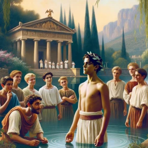 Depict shirtless young Prince Alexander in summer 345 B.C., play...