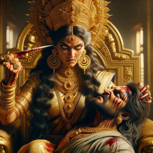 portrait of extremely angry looking goddess durga sitting on a gold crown and carrying a weak mahishasur on her lap and poking him with her amazingly long red fingernails. She is wearing gold armor, a huge gold crown, gold saree, abundant  gold jewelry, covered in blood. The scene is set in ancient India. The image is 8K resolution, cinematic, photography, ultra detailed face and epic.