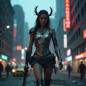 In a twilit, decrepit cityscape, an urban Athena strides forward...