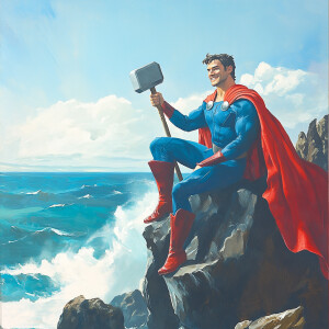 Create a vibrant scene featuring a heroic figure resembling a su...