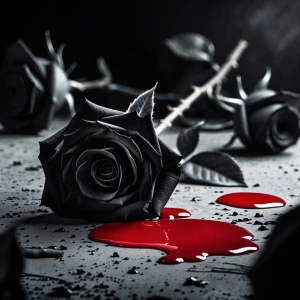 Black rose strewn onto cement and red blood fallen on the rose a...