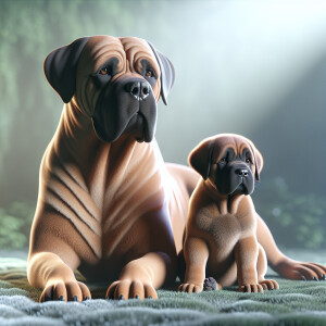 A Female Bullmastiff with her puppy next to her 3D Photolistic r...