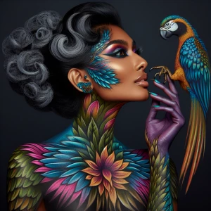 Hollywood make-up, a woman  painted to look like a bird, full-bo...