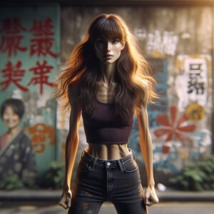 Athletic Thin skinny Attractive, Asian teenage girl, long brown hair and bangs, wearing tight skinny jeans and a halter top paint marks on her clothing, heroic pose Asian graffiti background, backside view