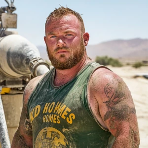 Brian Nobles a real 28 year old Caucasian male who is using  a concrete mixer, he is a  pump operator holding the hose which carries the liquid concrete to the foundation pour, Brian is slowly  beginning his transition into adult maturity , Brian Nobles is beginning to look like a grown man, he has large reflective blue eyes and a wrinkled brow,Brian is now balding , prominent large protruding round fat obese belly,,thick goatee beard, healthy muscle mass ,very noticeable male pattern balding hairline, Brian Nobles now has a  prominent receding and thinning male hairline (onset male pattern baldness), slightly fat overweight(Caucasian)wearing tight body conforming  glossy satin shiny green and gold tight fitting body conforming UnderArmour athletic bodysuit,emblazoned with the "KD HOMES" real estate logo, standing confidently in front of a newly completed constructed new KD HOME in Victorville California in a raw desert landscape. Brian has a protruding fat obese muscular physique, large male bulge, fat obese muscular frame , shows a substantial frame with a noticeable mature hairline and expressive eyes. His workman’s  pose should reflect his experience in his trade.