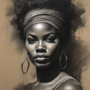 Create a striking full-body portrait of an Afrocentric woman exu...