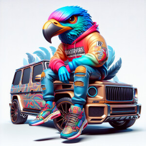 Create a colorful/psyscadelic character of big bird wearing a Ni...