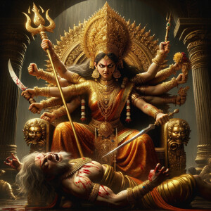 portrait of angry looking goddess durga, sitting on a gold crown and carrying a weak mahishasur on her lap and stabbing him with her amazingly designed trident. She is wearing gold armor, a huge gold crown, red saree, abundant gold jewelry, covered in blood. The scene is set in ancient India. The image is 8K resolution, cinematic, ultra detailed face and epic.