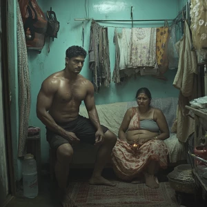 A muscular, perspiring Indian man with a criminal background joy...