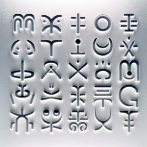 White background with transparent alien symbols written with lea...