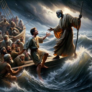 African-American Jesus telling Peter to come walk on the water,...