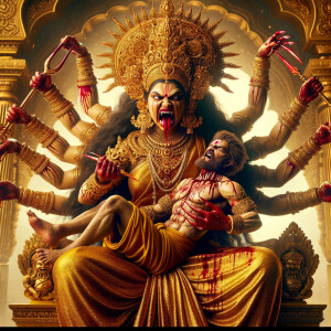 portrait of angry looking, four-armed indian goddess sitting on...