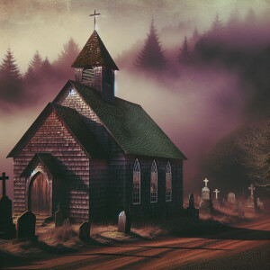 Country church with old foggy  cemetery