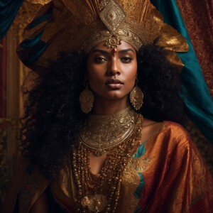 Classical painting of an Afro-Indian warrior queen, draped in ri...