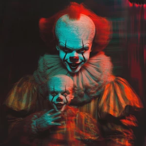 Sinister clown that strongly resembles pennywise is holding a li...