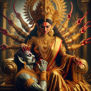 portrait of angry looking goddess durga sitting on a gold crown...