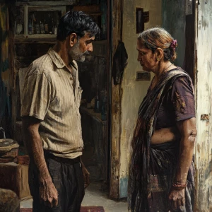 Realism style 1:1,A muscular sweaty man talking to his 54 year o...