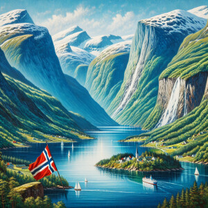 Norway fjord. River in mountain. Norway flag. High quality