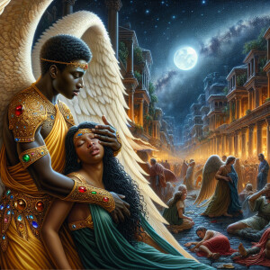 Create an oil painting image featuring a male angel and a grievi...