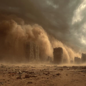 Harsh winds blow, dust clouds rise, and a storm approaches. Agai...