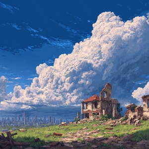 After the storm comes calm good weather. a ruined city in the ba...