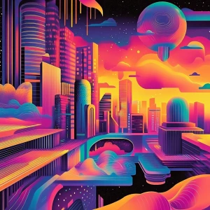 Design a vibrant electronic music album cover that embodies a fu...