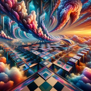 twisted fractal clouds, mirrored angle portals, recursive checke...