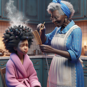 Create a realistic 3-D image of an african-American grandmother wearing a blue house dress and a white apron . She is in the kitchen with her african-American granddaughter. Her granddaughter is wearing a pink bath robe. The grandmother has a hot comb in her hand and she is straightening her granddaughters hair. One side of her granddaughters hair is in  a Afro the other straight 
There is smoke coming from the hot comb
The granddaughter is making a face