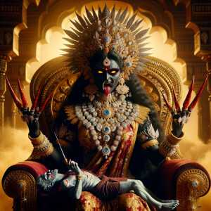 portrait of extremly angry looking goddess kali, black skinned, sitting on a gold crown and carrying a weak mahishasur on her lap and stabbing him with her amazing long red finger nails. She is wearing diamond armor, a huge diamond crown, red saree, abundant diamond jewelry, covered in blood. The scene is set in ancient India. The image is 8K resolution, cinematic, ultra detailed face and epic.