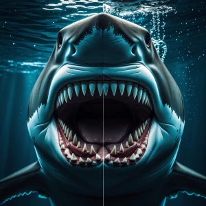 Ultra-realistic, dramatic frontal view of a massive shark with its jaws wide open, revealing rows of razor-sharp teeth. The camera is half-submerged, perfectly splitting the image—above the waterline, the sharks’s intense, piercing eyes stare directly ahead, with water droplets on its rough, scaly skin. Below the waterline, its powerful open mouth is fully visible, showing sharp teeth and a dark throat, with tiny air bubbles escaping. The waterline is sharply defined, creating a split view of the murky underwater world and the bright, natural  scenery above. Sunlight refracts through the water, casting a cinematic glow. Highly detailed, National Geographic photography style, 8K resolution, hyper-realistic textures, dramatic lighting, intense and suspenseful atmosphere."