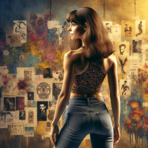 Athletic Thin skinny Attractive, Asian teenage girl, long brown hair and bangs, wearing tight skinny jeans and a halter top paint marks on her clothing, heroic pose Asian graffiti background, backside view