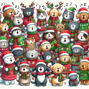 A chorus of animated kitten and puppy singing Christmas carols,...