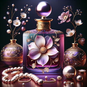 Imagine an exquisite perfume bottle as the centerpiece, rich in hue with a radiant purple gradient glass body. Embellished with a delicate floral motif, a single, elaborate flower painted in soft whites and subtle pinks rests upon the bottle. Curving gently around the flower is a string of lustrous pearls, adding a touch of elegance. The bottle's neck is adorned with a golden band, inset with intricate patterns and sparkling diamonds. Capping the bottle is a grand, spherical pearl that exudes sophistication. Around this central piece, we have a backdrop that enhances the bottle's luxury—a deep maroon surface upon which rests a scattering of pearls, a single, fallen petal, and an ornate golden twig with a pearl at its end. All elements combine to suggest opulence and style befitting the name 'Karen'.