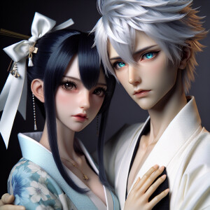Realistic anime woman with dark blue hair and dark brown eyes we...